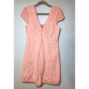 ISA Peach Babydoll Dress VNeck Embroidered Crochet Cap Sleeve Smocked Medium Y2K